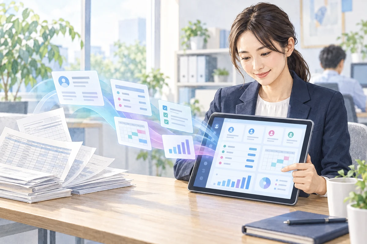 紙やExcelの書類が、タブレットの業務システムに整理されていくイメージ
