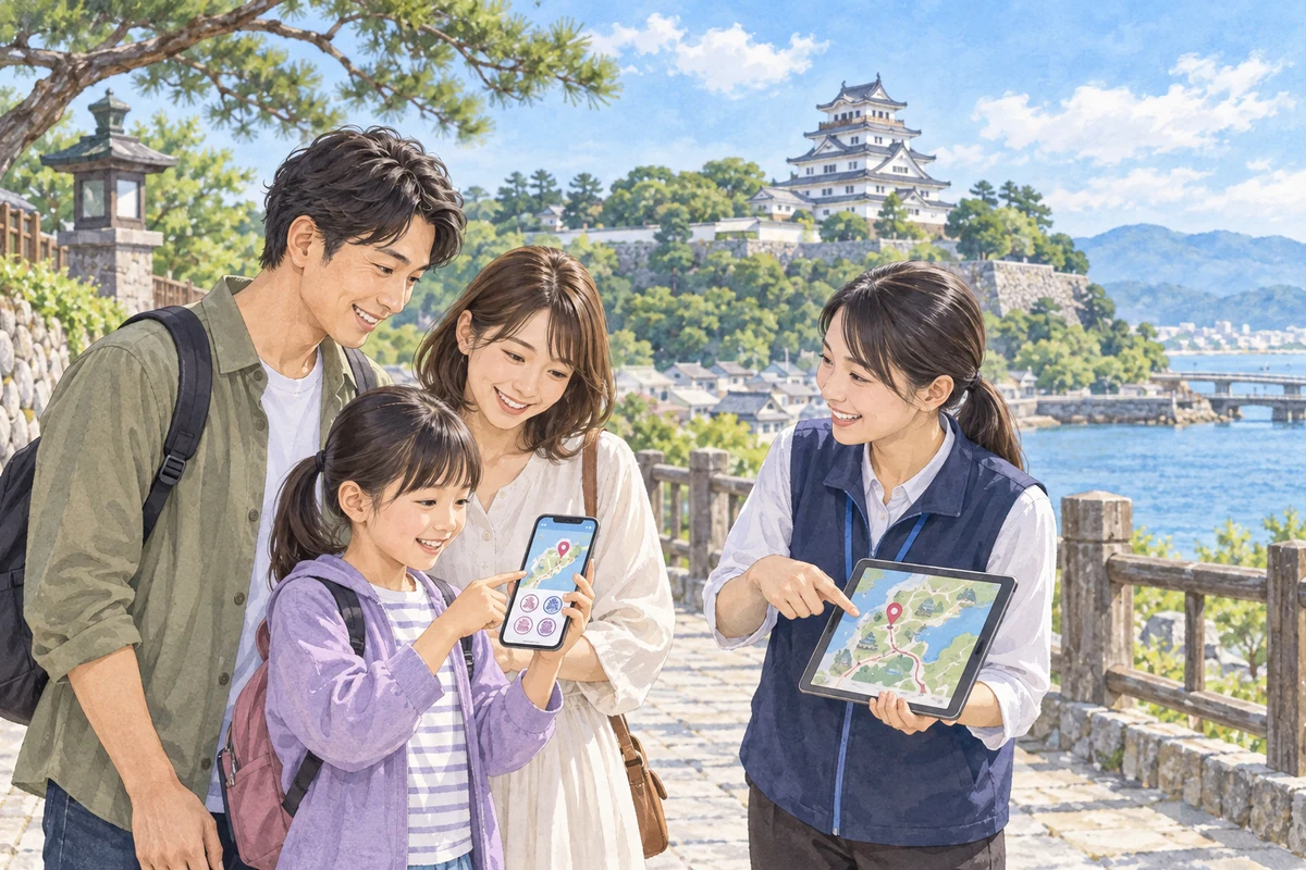 唐津城の近くで、スマホの地図を使った回遊を案内する職員と観光客の家族
